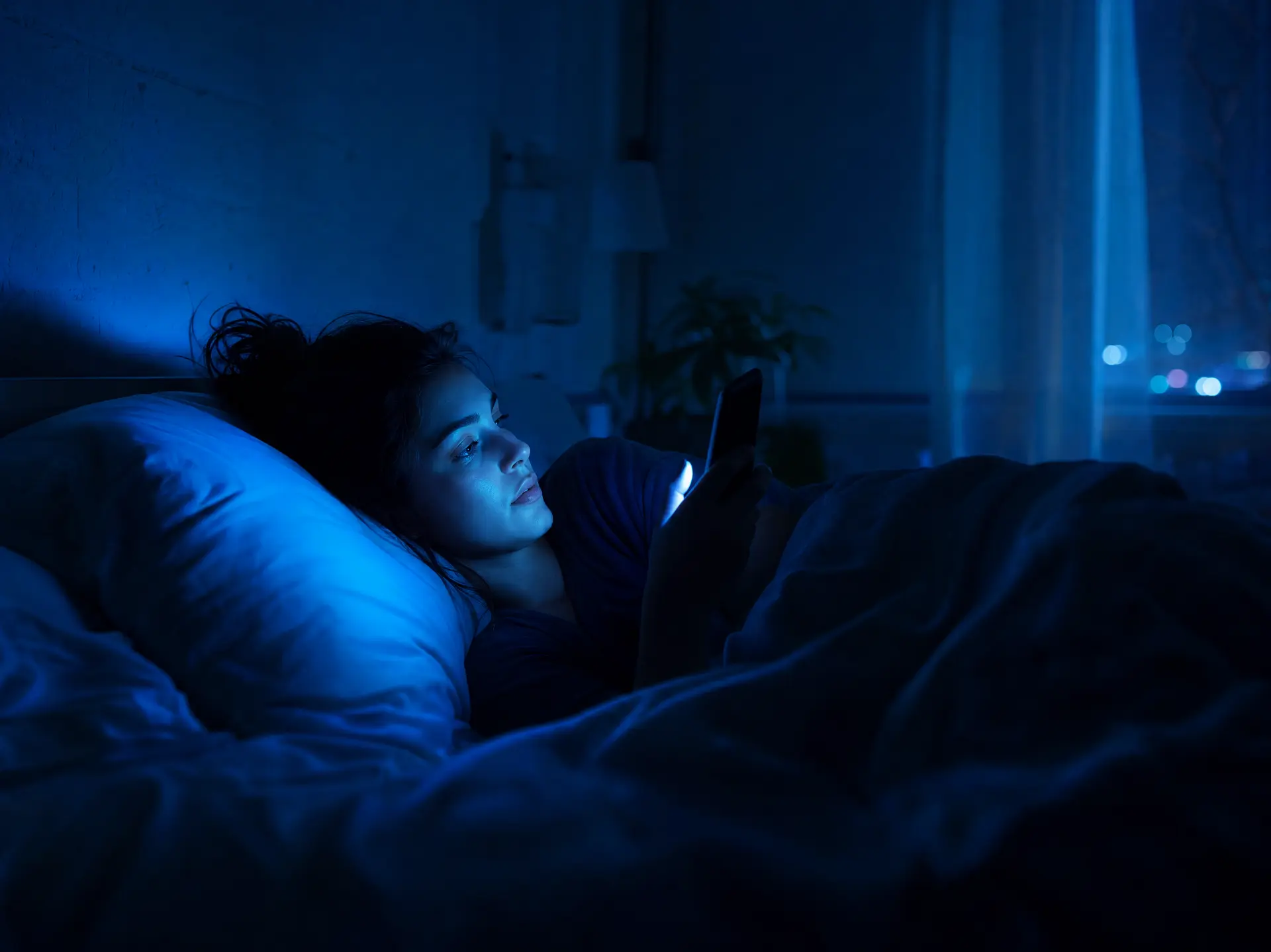 Person scrolling on phone in bed at night, bathed in blue light